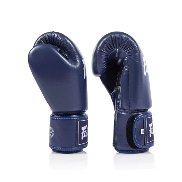 Side viewof navy blue Fairtex BGV1C PLUS Microfibre boxing gloves on a white background
