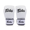 Pair of white Fairtex bgv1c plusboxing gloves on a white background