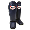 Pair of navy blue sgl10 Twins Special shin guards high quality leather boxing muay thai