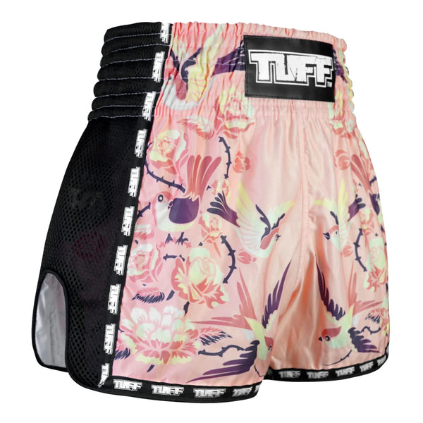MSC123 TUFF Muaythai Shorts Retro Style Pink Birds With Roses
