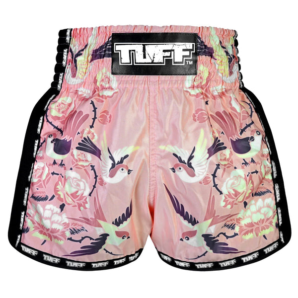 MSC123 TUFF Muaythai Shorts Retro Style Pink Birds With Roses