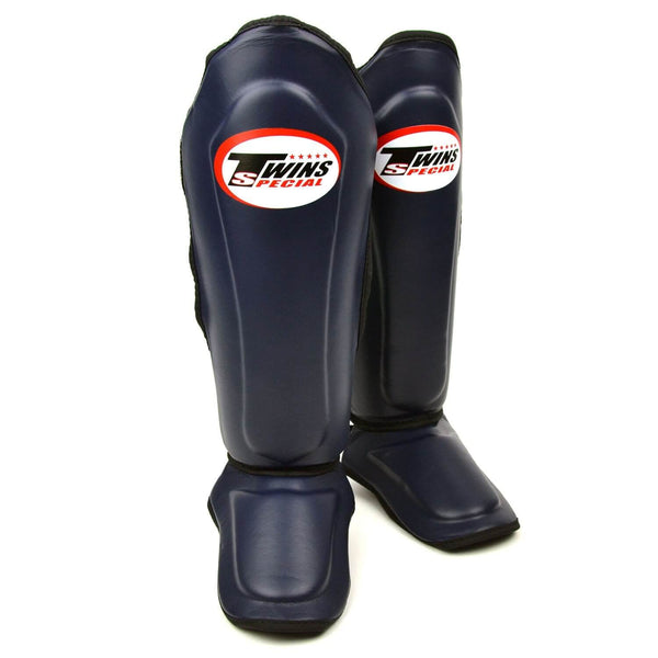 Pair of navy blue sgl10 Twins Special shin guards high quality leather boxing muay thai