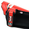Closeup of red Twins Special SGL10 shinguards adjustable strap