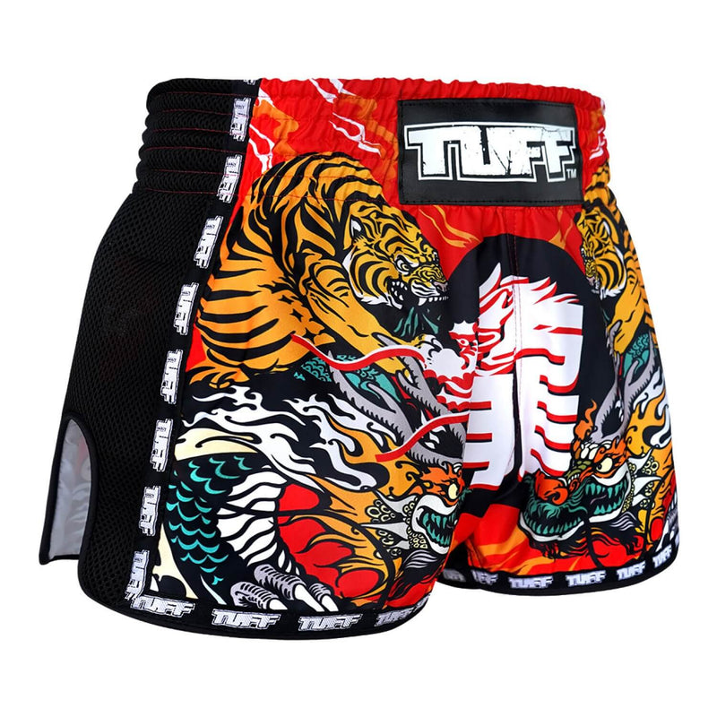 TUFF MRS204 Muay Thai Shorts Retro roter chinesischer Drache und Tiger