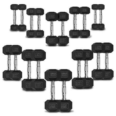 Various pairs of Rubber Hex Dumbbells by Diagor, in weights from 2.5kg to 30kg